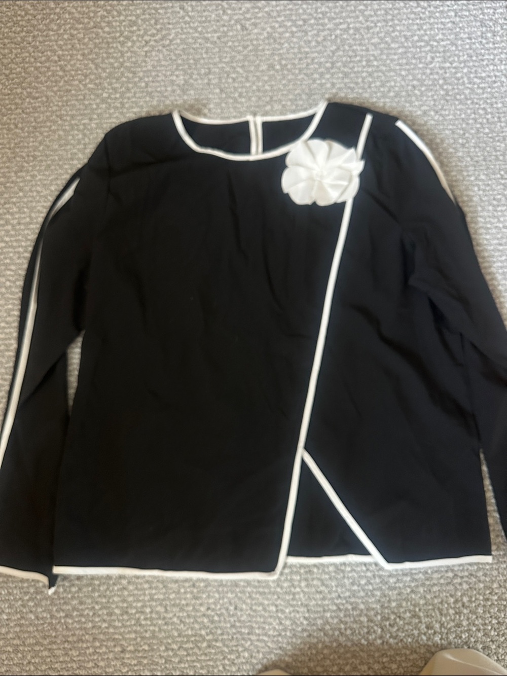 SHEIN Black Long Sleeve Blouse with White Trim and Flower